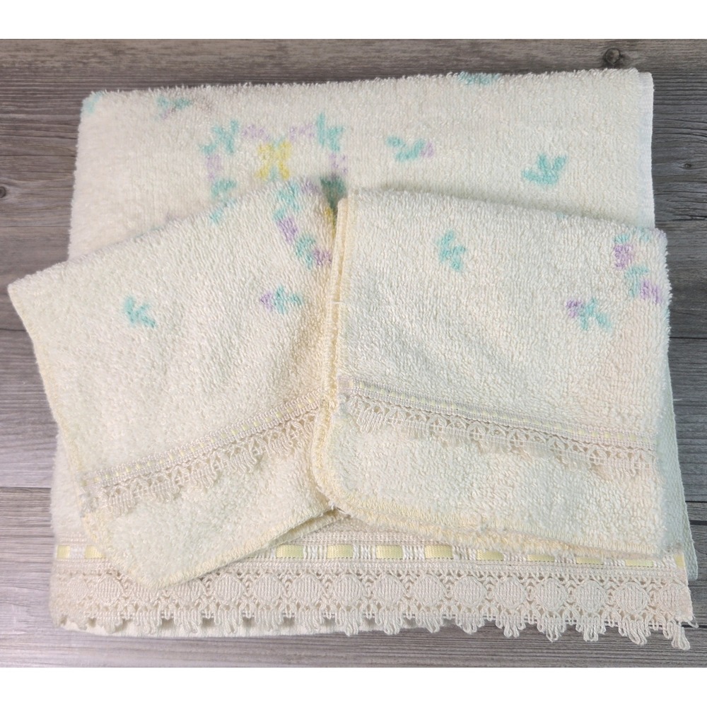 Vintage Dundee Off White Floral Heart Towel Set Bath Towel 2 Washcloths Lace USA